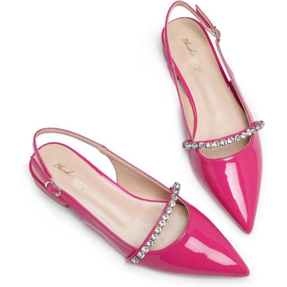 Women Hot Pink Polyurethane (PU) Rhinestone Pointed Toe Slingback Flats Shoes